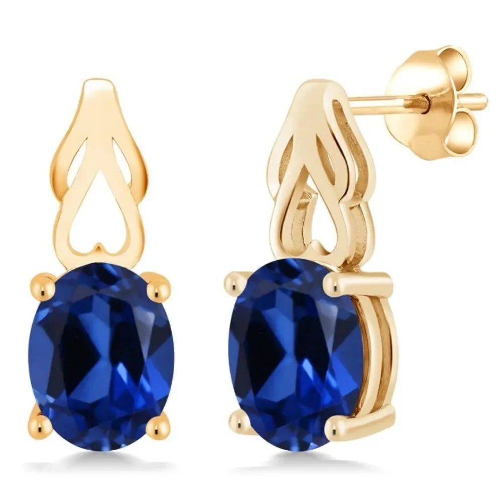 18K Yellow Gold 925 with 4.60 Cttw Royal Blue Sapphire Oval Post Drop Earrings